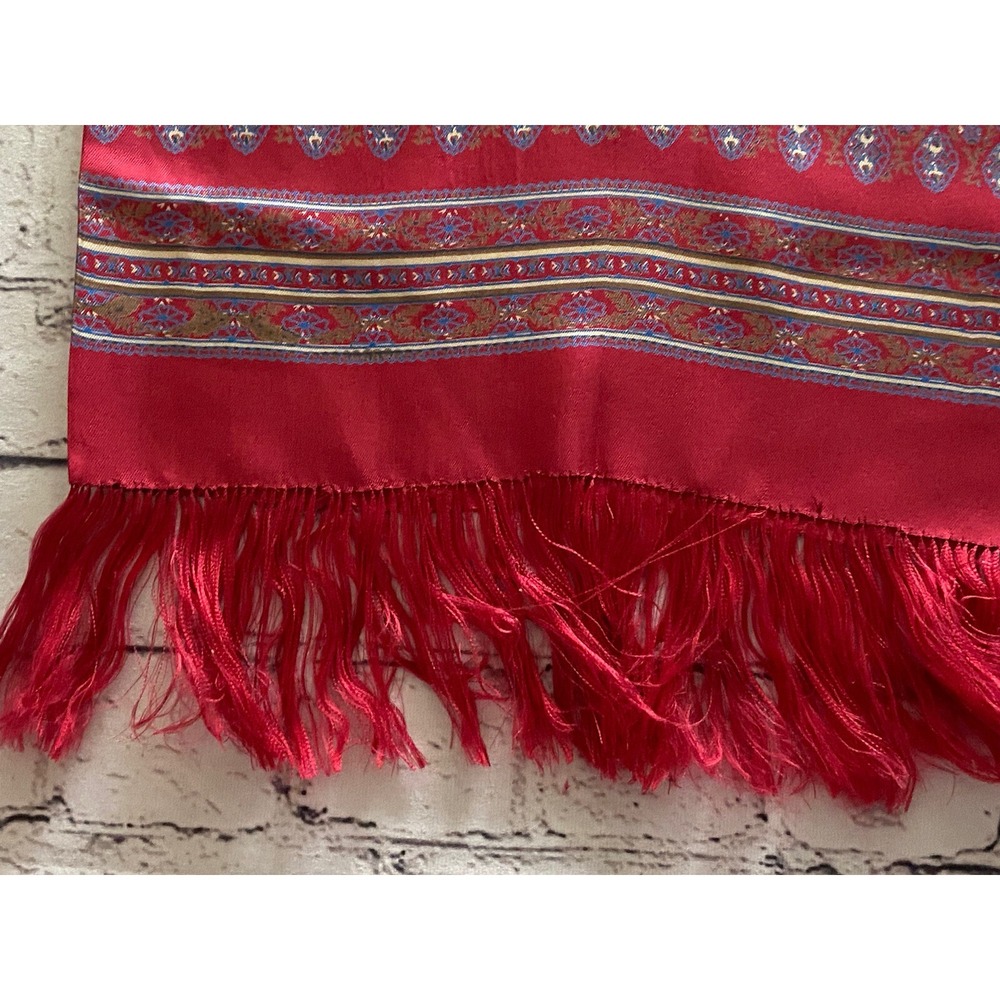 Japanese 100% Silk Fringe Vintage Red White Blue Rectangular Scarf 12"x45" NWOT - Picture 14 of 16